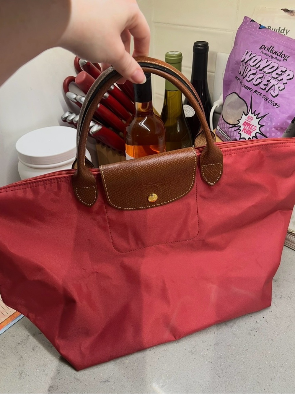 Classic Red Longchamp Le Pliage Tote with Brown Leather Trim - Women Bags